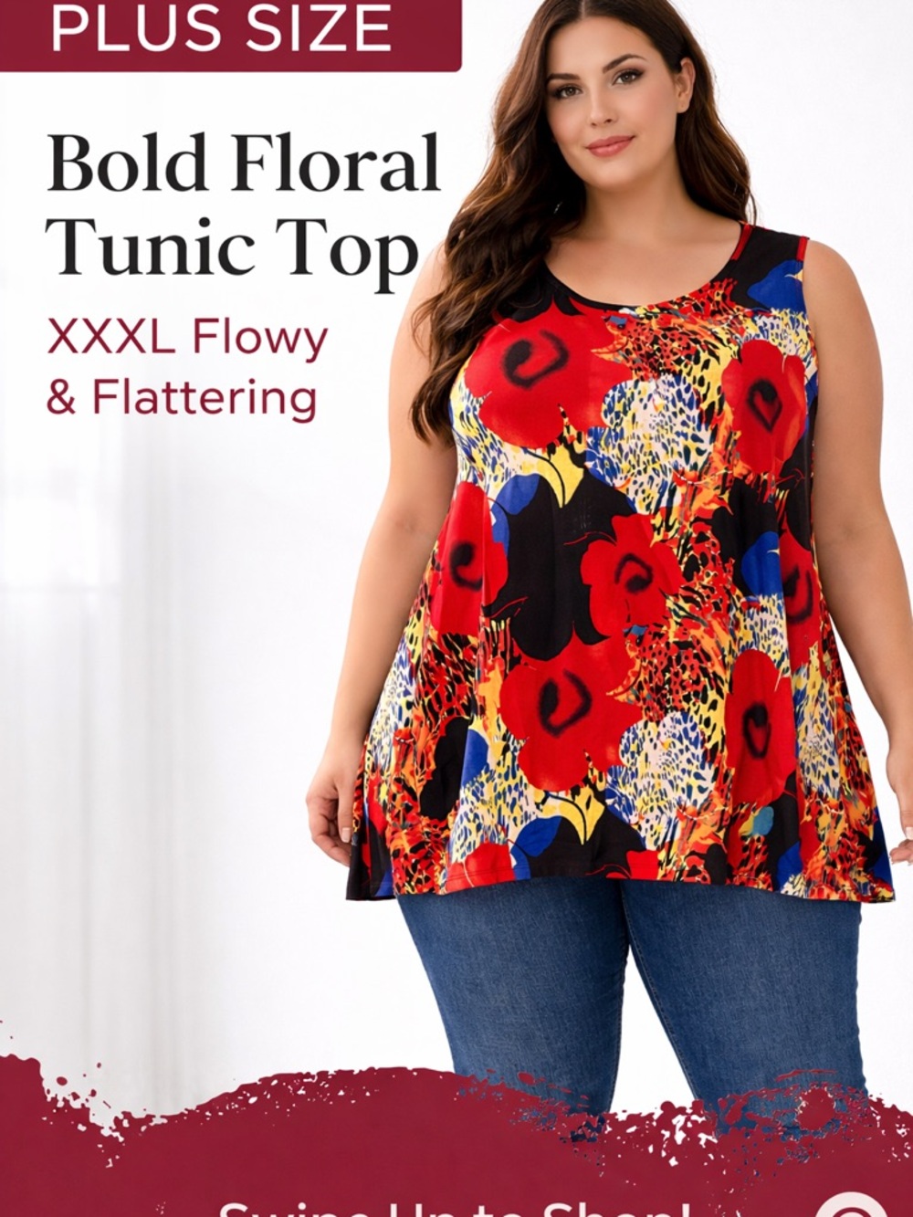 Plus Size XXXL Bold Floral Tunic Top Flowy Swing Blouse - Picture 2 of 4
